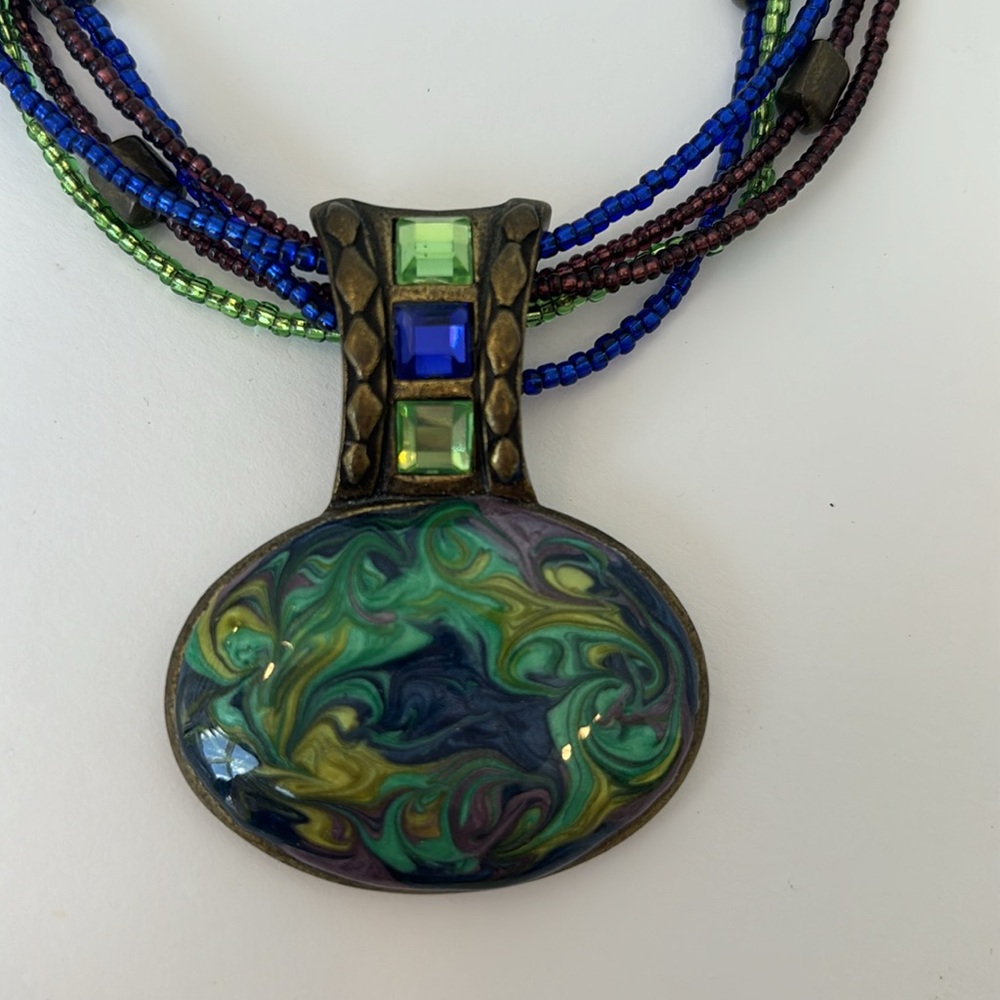 Chico's Beaded Blue and Green Beaded Choker with Pendant and Rhinestones